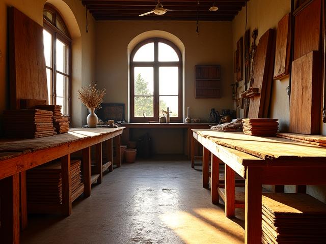 Vista suggestiva dell'ingresso della falegnameria di Legno Incanto a Firenze, inondata di luce naturale, che mostra attrezzi artigianali e legni pregiati.