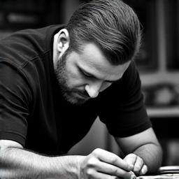 Ritratto in bianco e nero di Marco, ebanista, al lavoro su un intarsio complesso.