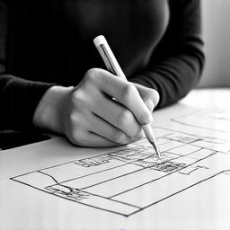 Ritratto in bianco e nero di Paola, designer del prodotto, che schizza un nuovo progetto su carta.