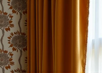 Close-up di una ricca tenda di velluto drappeggiata accanto a una carta da parati con pattern floreale artigianale